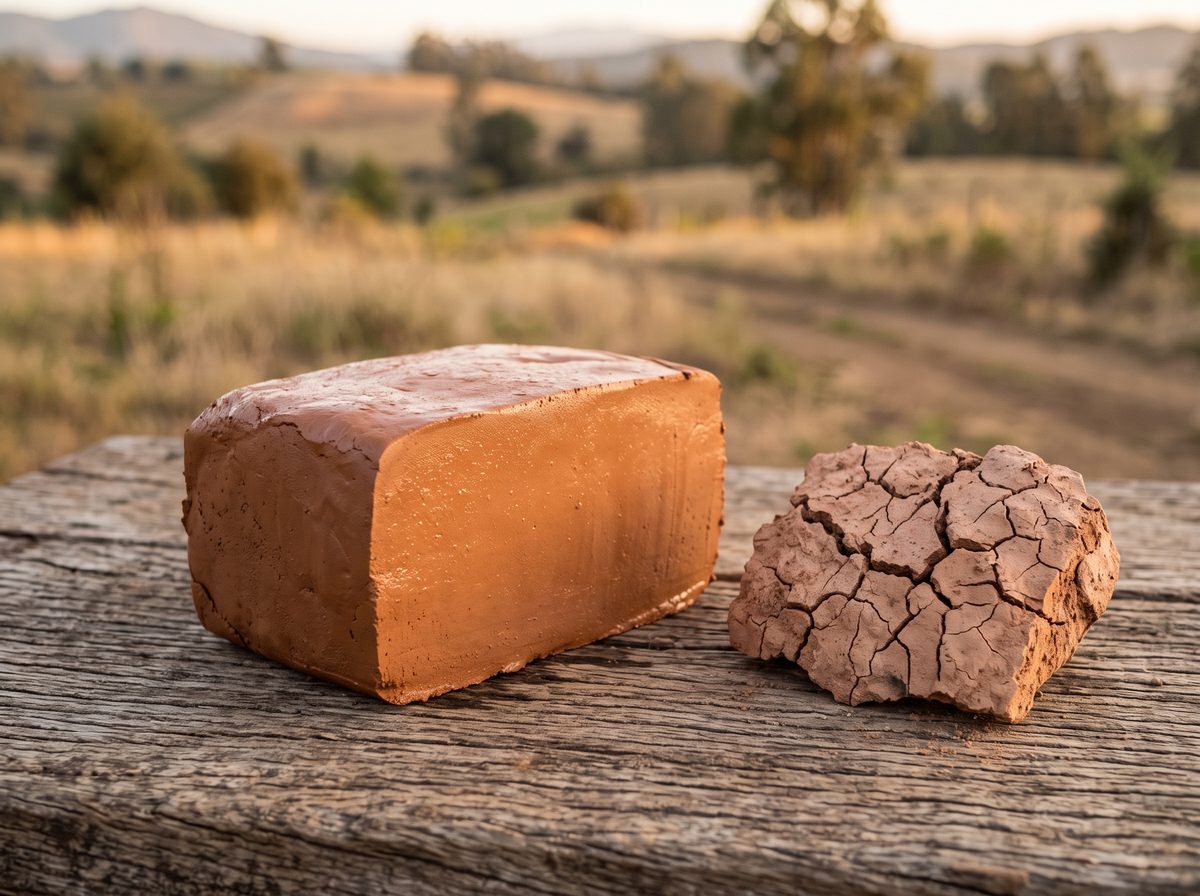 Un bloque de arcilla rojiza recién cortado, liso como una torta, junto a un trozo seco y agrietado.