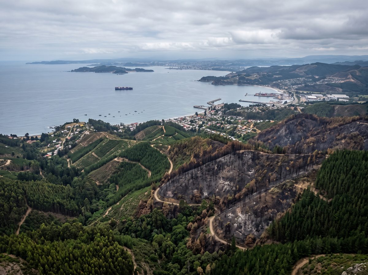 Vista aérea de cerros con plantaciones forestales, laderas quemadas y una bahía con un puerto al fondo.