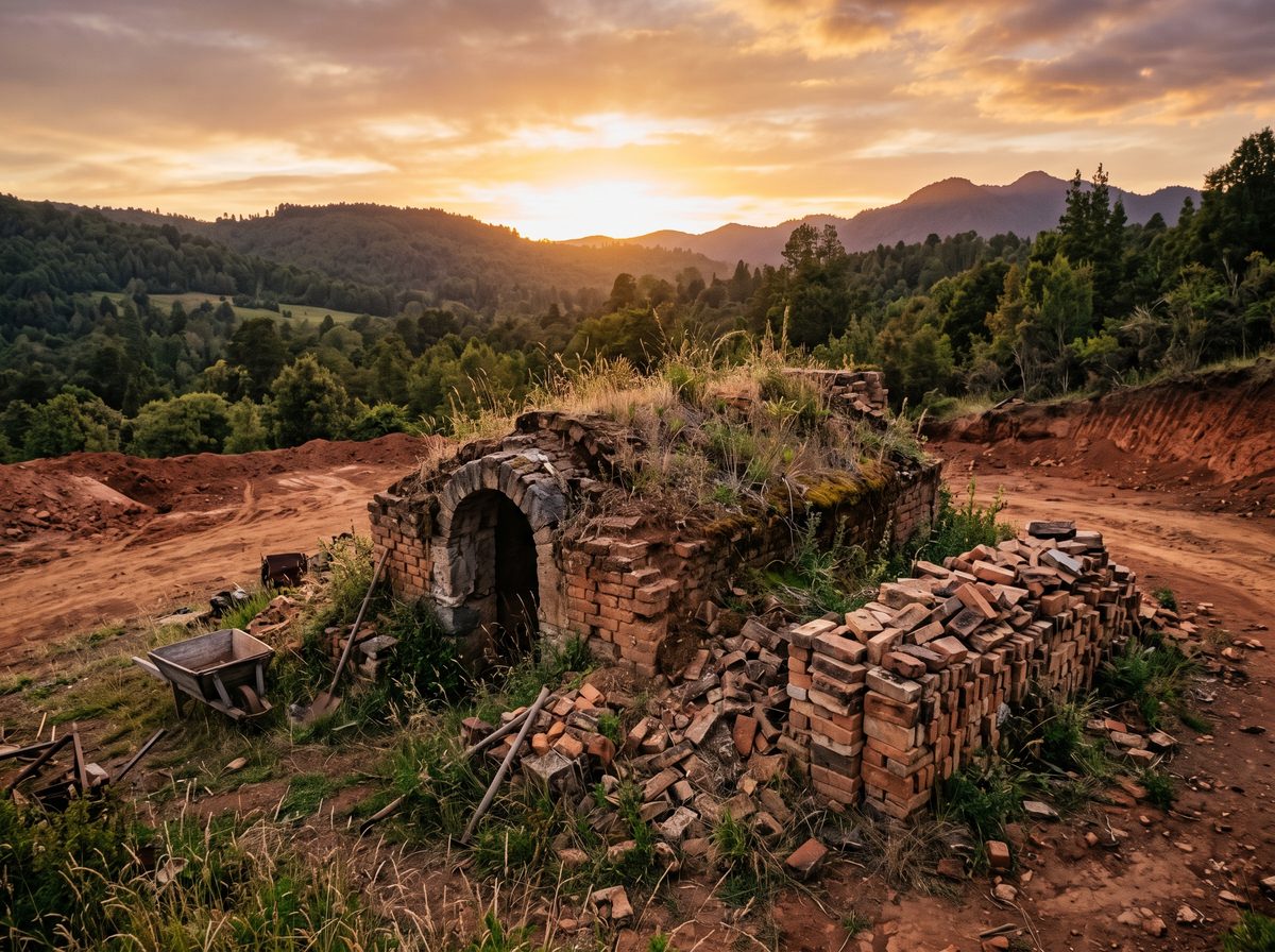 Restos de un antiguo horno de ladrillos cubierto de pasto, con ladrillos apilados y cerros al atardecer.